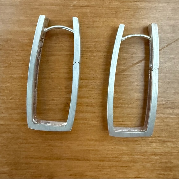 Brushed Sterling Silver Rectangular Hoop Earrings - Picture 4 of 5
